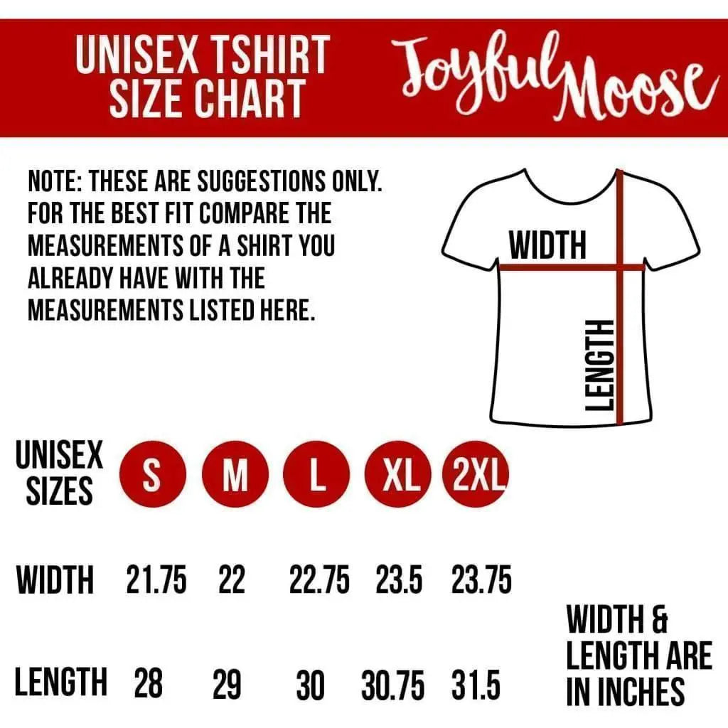 Unisex T-shirt size chart with width and length measurements for sizes S to 2XL