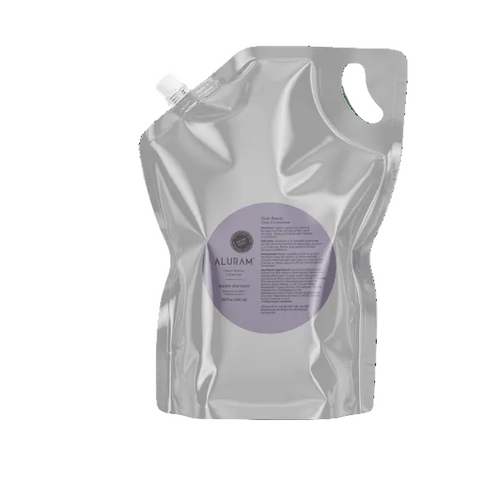 Aluram purple shampoo pouch 100oz with purple label, flexible silver bag
