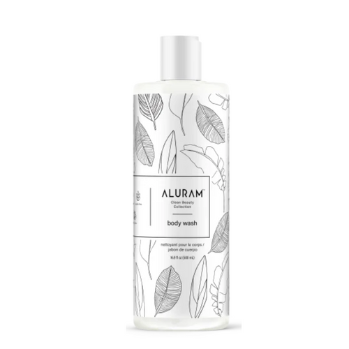 ALURAM body wash bottle with white cap and leaf-pattern label