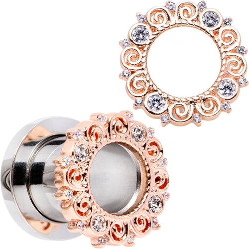 Pair of screw-fit ear tunnel plugs with rose-gold jeweled filigree round frames