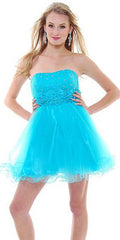 Turquoise strapless tulle A-line dress with jeweled bodice and ruffled skirt