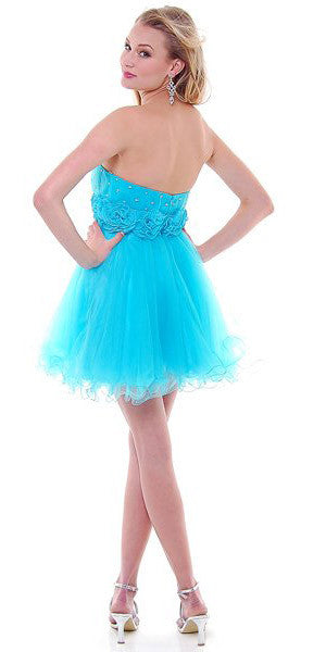 Turquoise strapless tulle A-line dress with textured bodice and short ruffled skirt