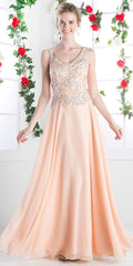 Peach V-neck sleeveless dress with lace bodice and flowing maxi skirt