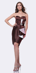 Brown strapless sweetheart ruffle dress with satin bow detail at waist