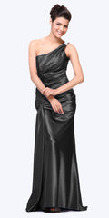 Black satin one-shoulder evening gown with rhinestone strap detail, long silhouette