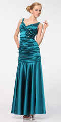 Teal satin mermaid dress with pleated bodice and floral appliqué