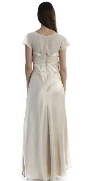 Long chiffon cap-sleeve dress, back view, ruched waist and draped full skirt