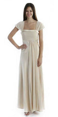 Long chiffon cap-sleeve dress, pale light-gold with ruched bodice and flowing skirt