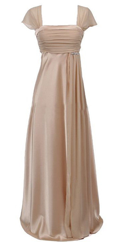 Long chiffon cap-sleeve dress, front view, ruched bodice with long gathered skirt