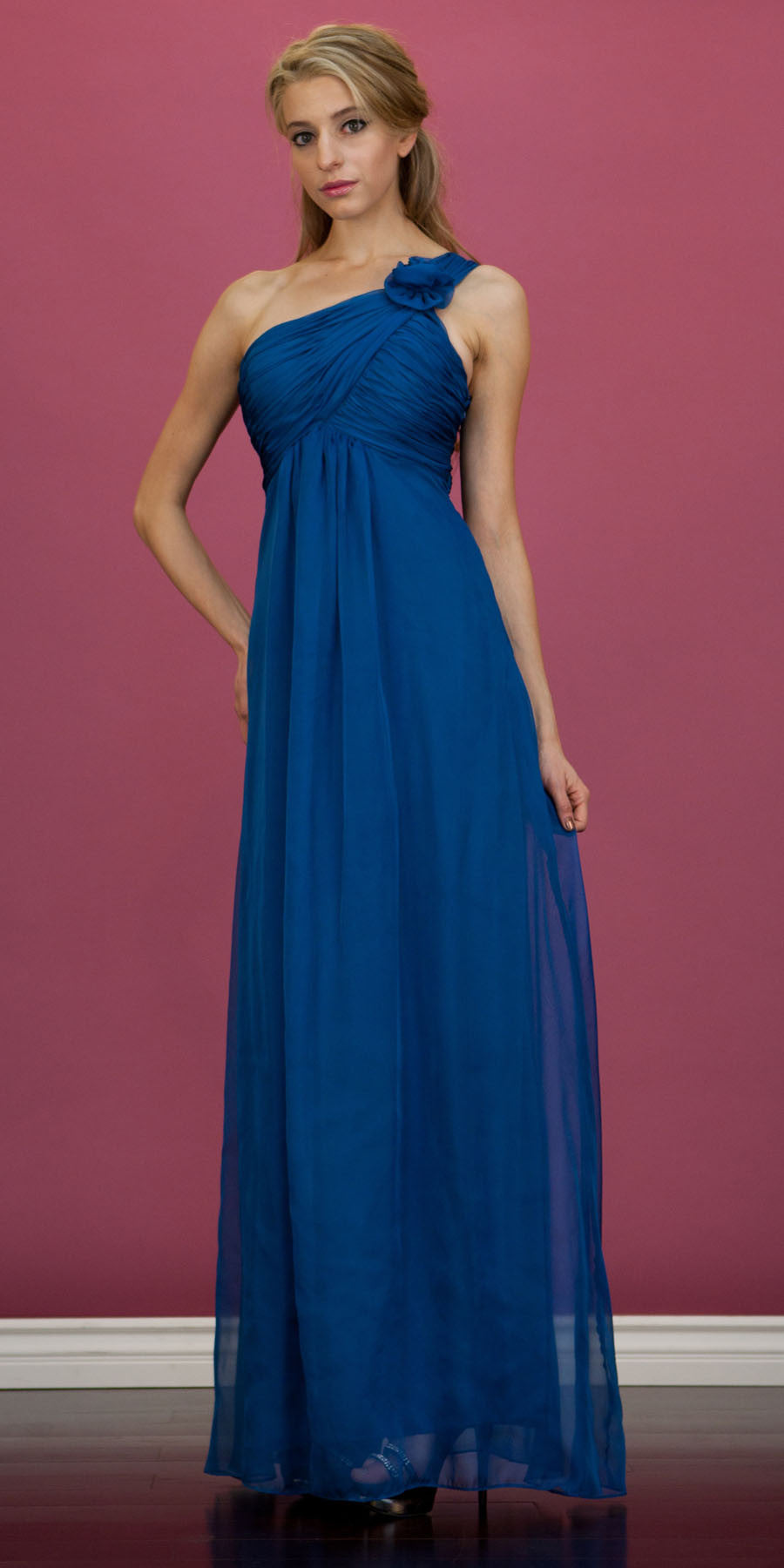 Teal one-shoulder chiffon empire dress with draped bodice and long skirt