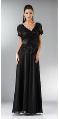 Floor-length black lace V-neck dress with short sleeves and fitted beaded waist