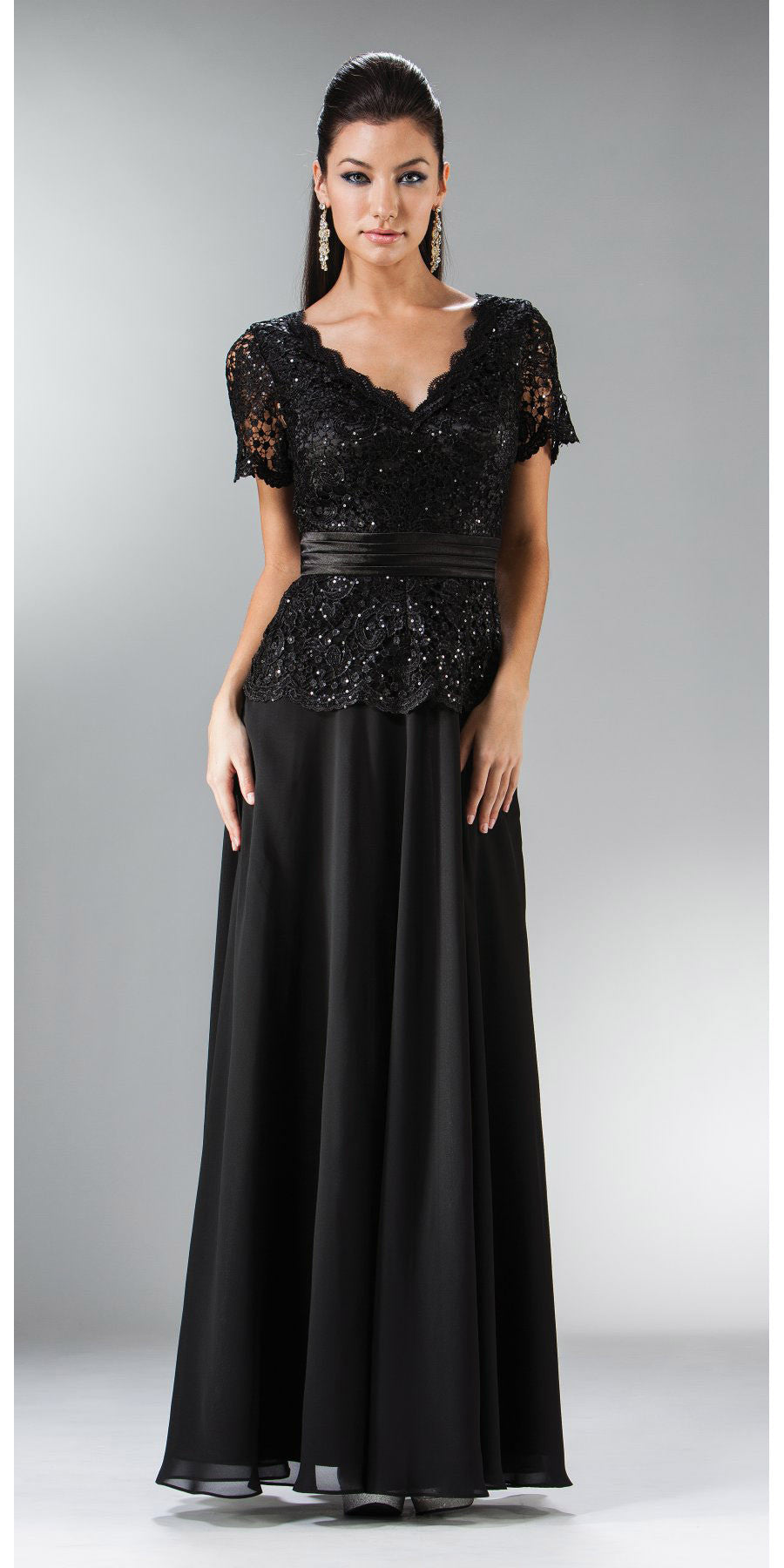 Floor-length black lace V-neck dress with short sleeves and fitted beaded waist