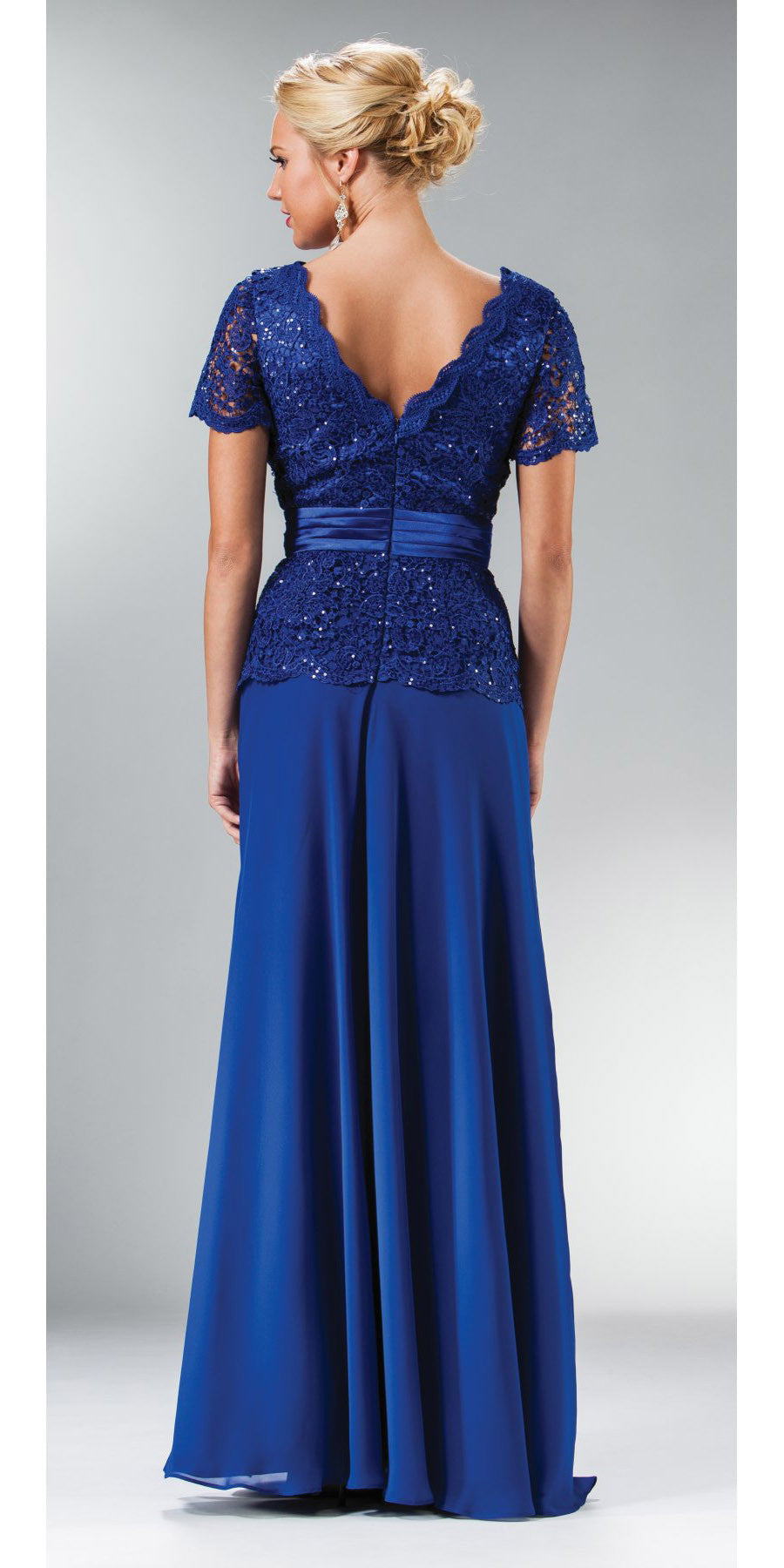 Floor-length blue lace V-back dress with short sleeves and gathered peplum waist