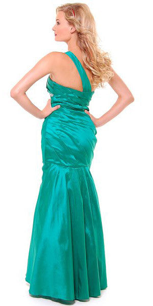 One-shoulder long green satin dress with sparkling shoulder and waist embellishment, fitted back