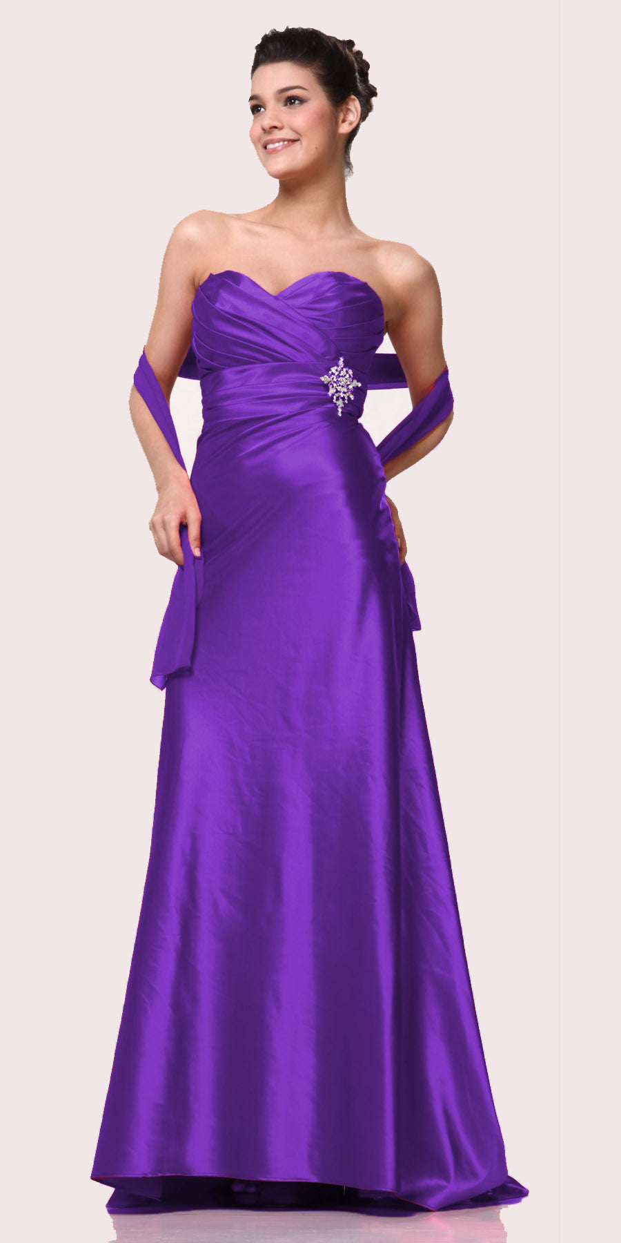 Purple strapless sweetheart satin gown with ruched bodice and draped skirt detail