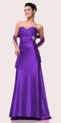 Purple strapless sweetheart satin gown with ruched bodice and draped skirt detail