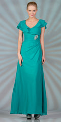 Teal chiffon long dress with short ruffle sleeves and jeweled waist detail