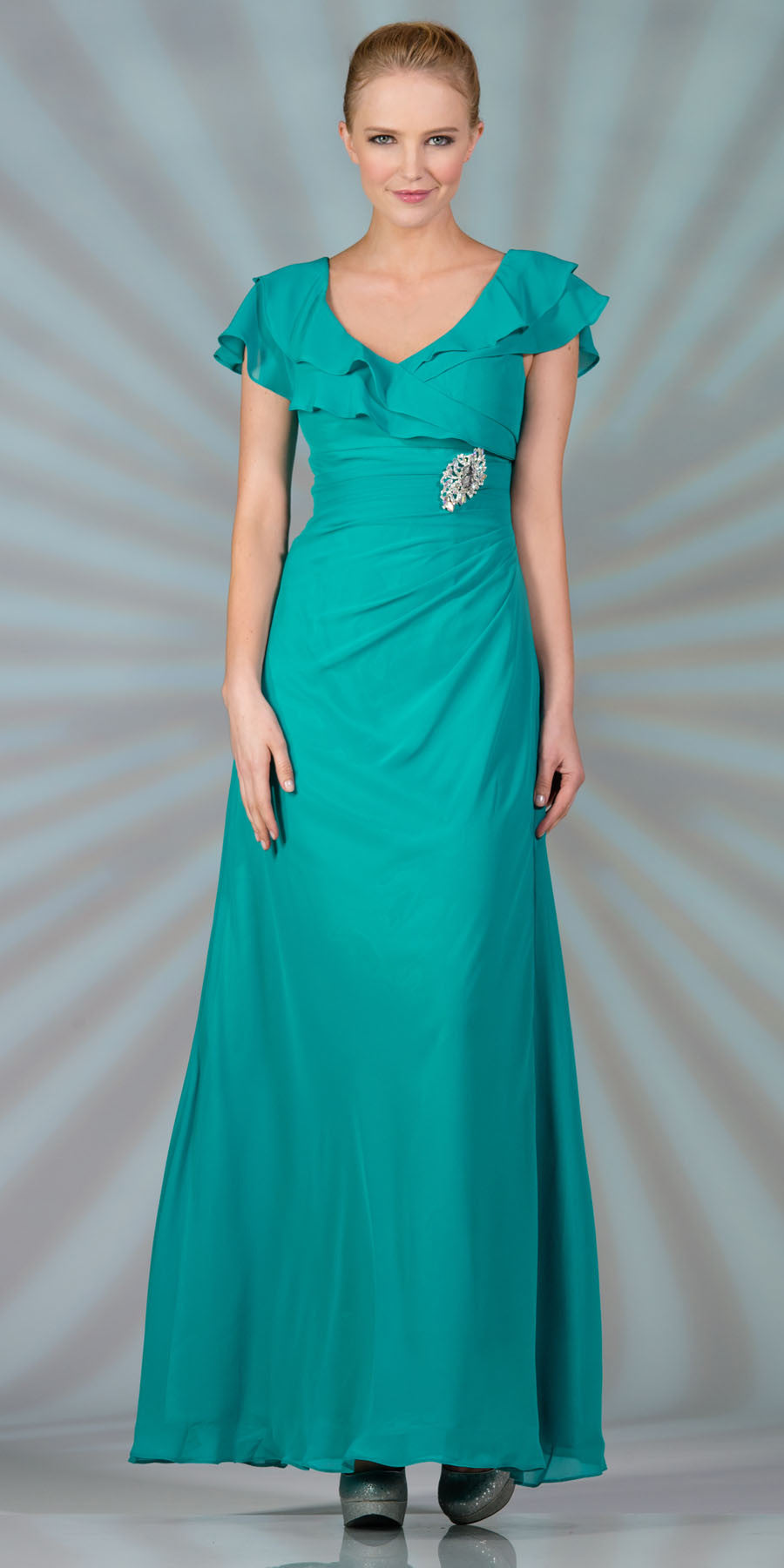 Teal chiffon long dress with short ruffle sleeves and jeweled waist detail
