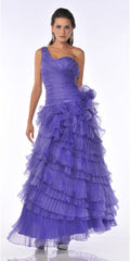 One-shoulder layered ruffle dress, purple satin with draped bodice and tiered skirt