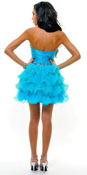 Turquoise strapless ruffle tulle skirt dress, back view, jeweled bodice