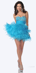 Turquoise strapless cocktail dress with embellished bust and asymmetrical layered tulle skirt