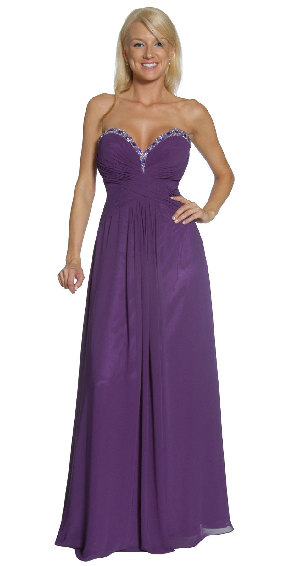 Purple strapless sweetheart beaded chiffon long gown with ruched bodice