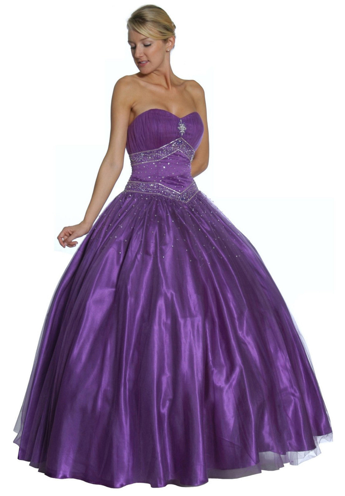 Purple sweetheart ball gown with sparkling beaded waist and full tulle skirt