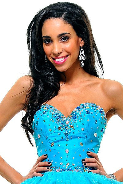 Turquoise strapless ruffle tulle skirt dress with embellished sweetheart bodice