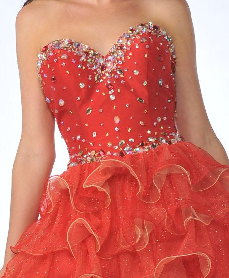 Red strapless ruffle tulle skirt dress with jeweled sweetheart bodice