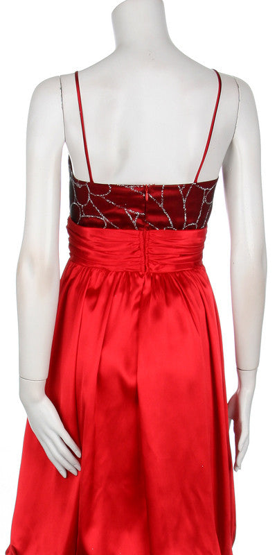 Red short satin dress with spaghetti straps and gathered bubble skirt