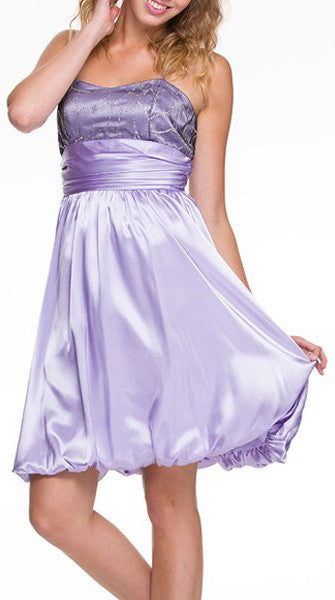 Lavender short satin dress with spaghetti straps and gathered bubble skirt
