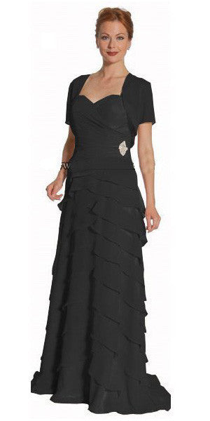 Black chiffon formal dress with square neckline and layered ruffle skirt
