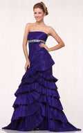 Purple strapless layered ruffle gown with beaded waistband, floor-length