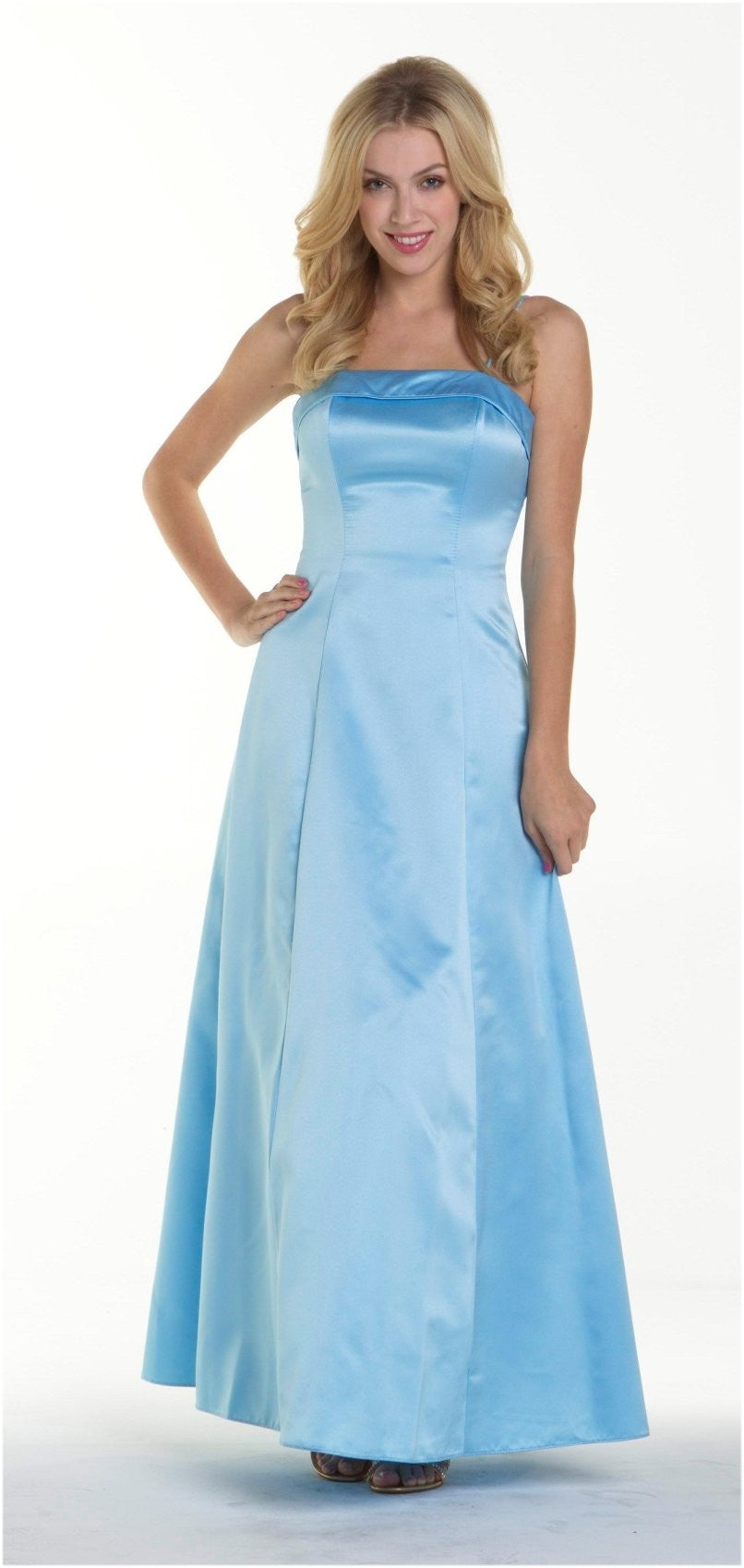 Satin A-line bridesmaid dress with spaghetti straps and strapless-style bodice, light blue.