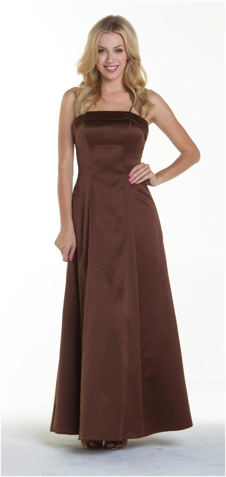 Satin A-line bridesmaid dress with spaghetti straps and straight neckline, dark brown.