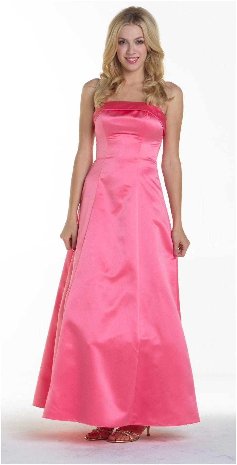 Satin A-line bridesmaid dress with spaghetti straps and fitted bodice, bright pink.