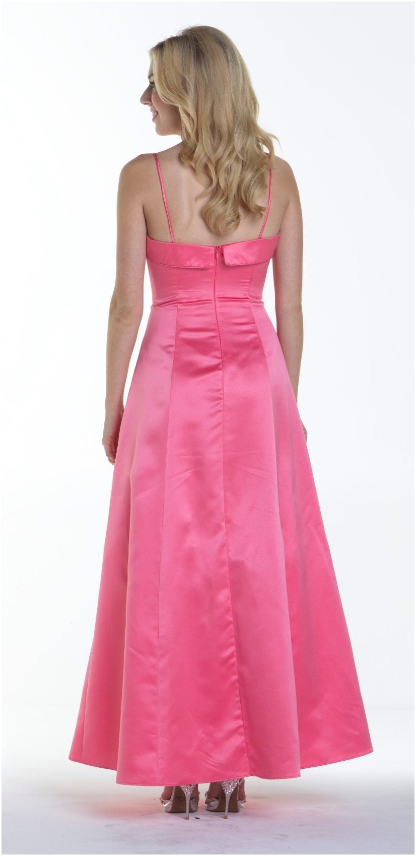 Satin A-line bridesmaid dress with spaghetti straps, bright pink, back view.