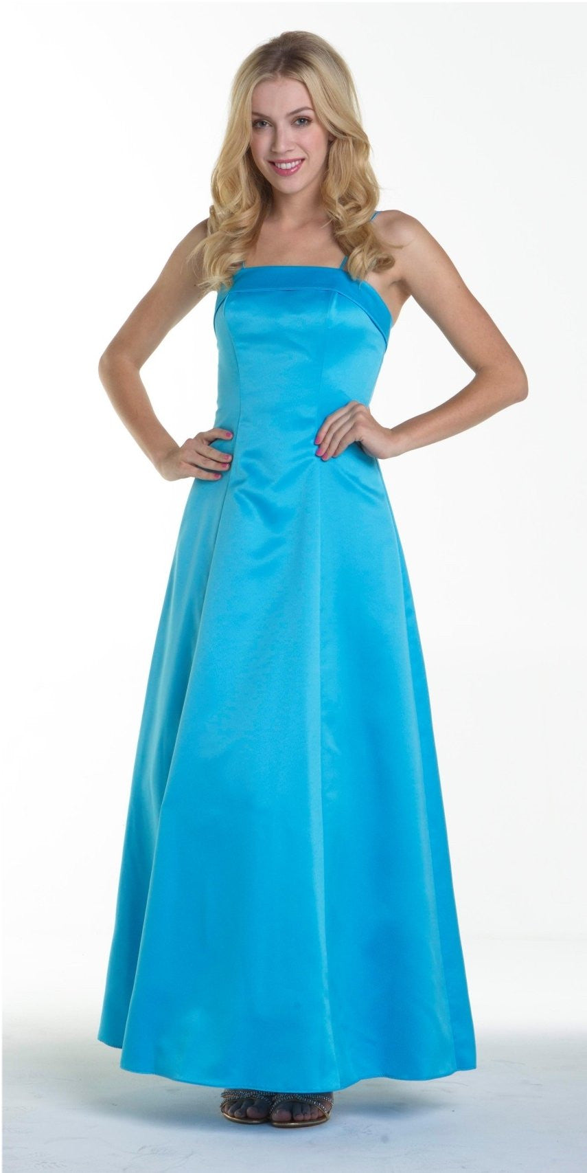 Satin A-line bridesmaid dress with spaghetti straps and fitted bodice, sky blue.