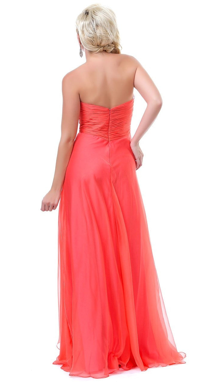 Back-view strapless prom gown in coral with ruched bodice and flowing chiffon skirt