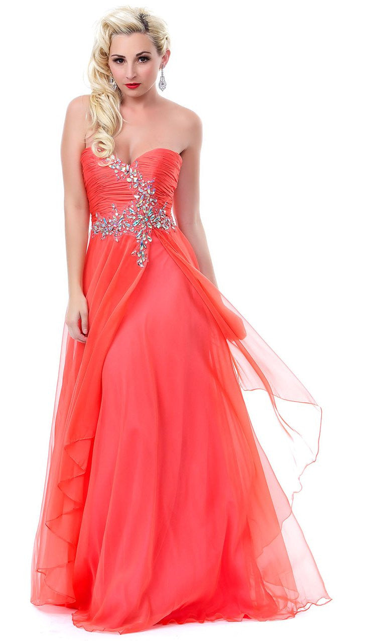 Strapless coral prom gown with jeweled beaded appliqué at bust and layered tulle skirt