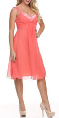 Coral chiffon knee-length dress with rhinestone-trim straps and V-neck ruching