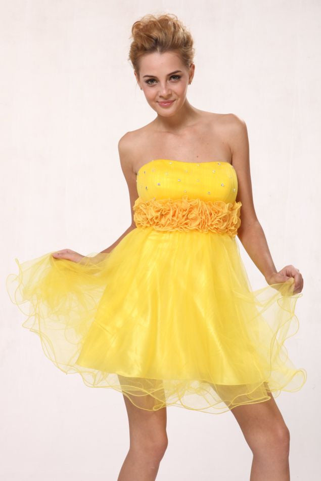 A-line tulle dress, yellow strapless bodice with ruffled waist and short tulle skirt