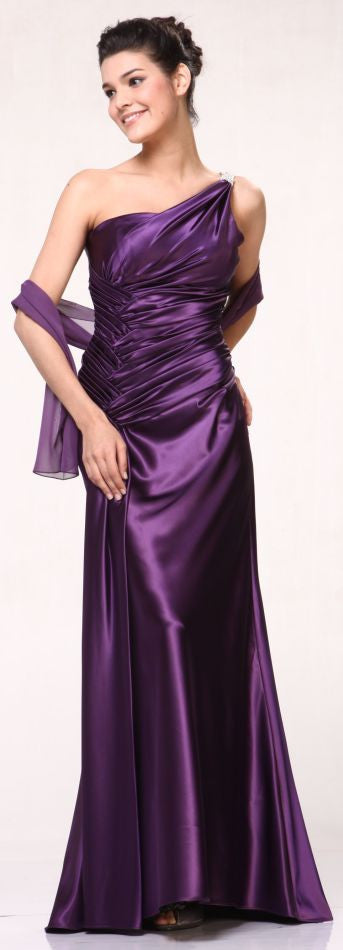 Purple satin one-shoulder evening gown with draped side and rhinestone strap detail