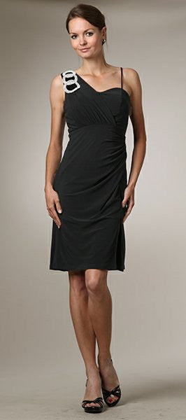 Black ruched one-shoulder cocktail dress with silver buckle strap