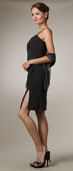Black ruched one-shoulder cocktail dress with side slit and open back