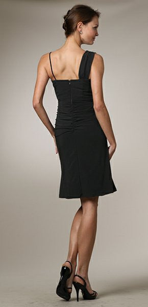 Black ruched sleeveless dress with scoop back and fitted waist