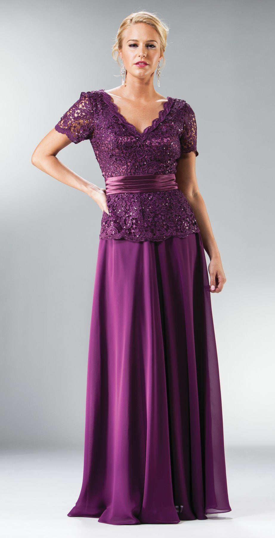 Floor-length plum lace V-neck dress with short sleeves, beaded peplum waist, satin skirt