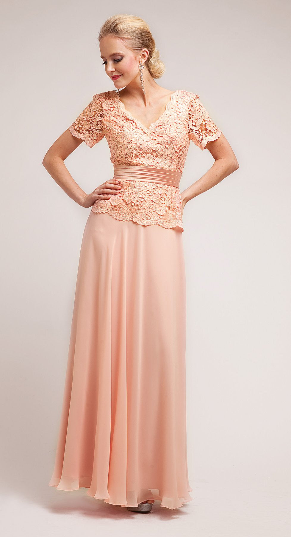 Floor-length blush lace V-neck dress with short sleeves and pleated chiffon skirt