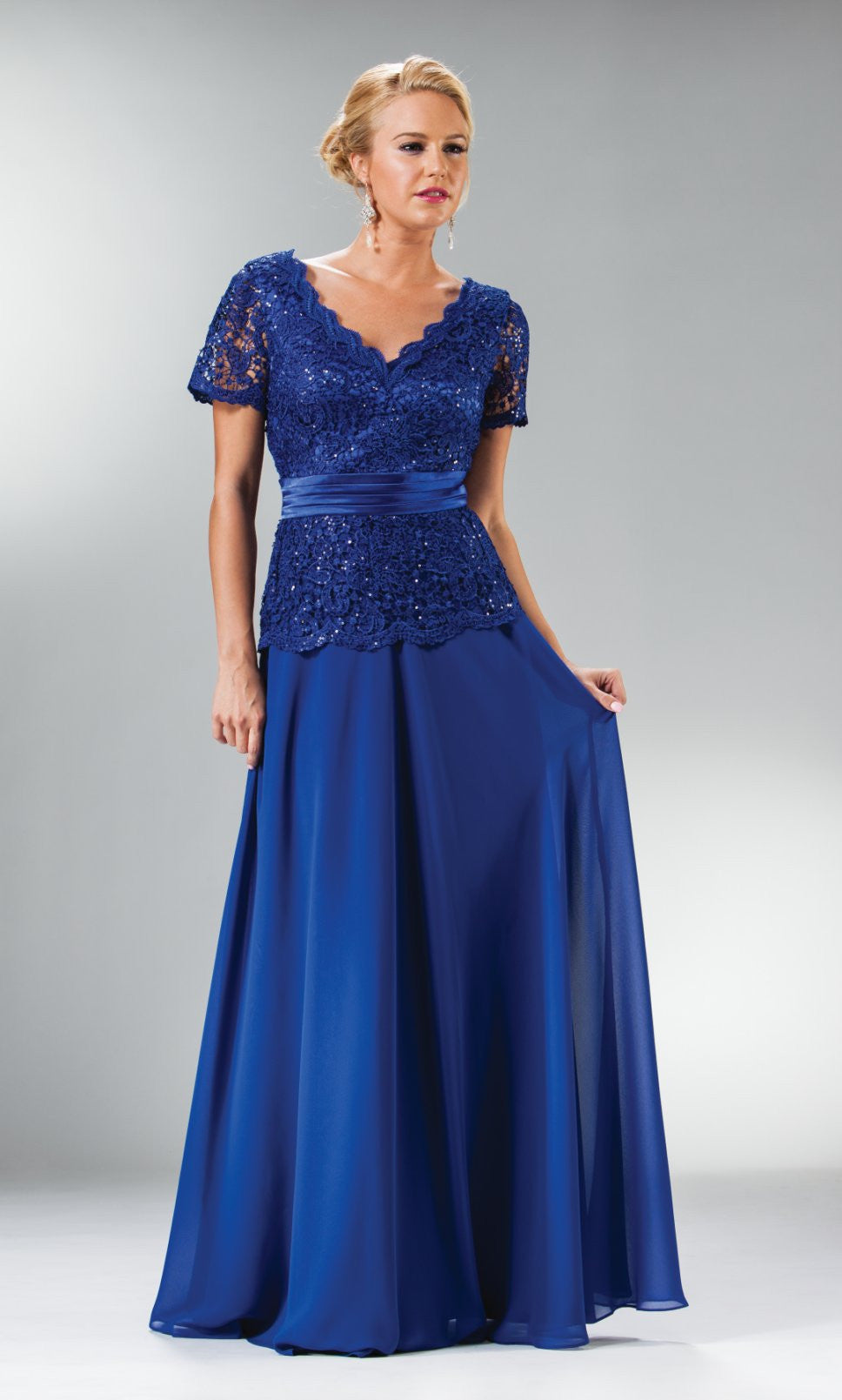 Floor-length blue lace V-neck dress with short sleeves, beaded peplum and full skirt