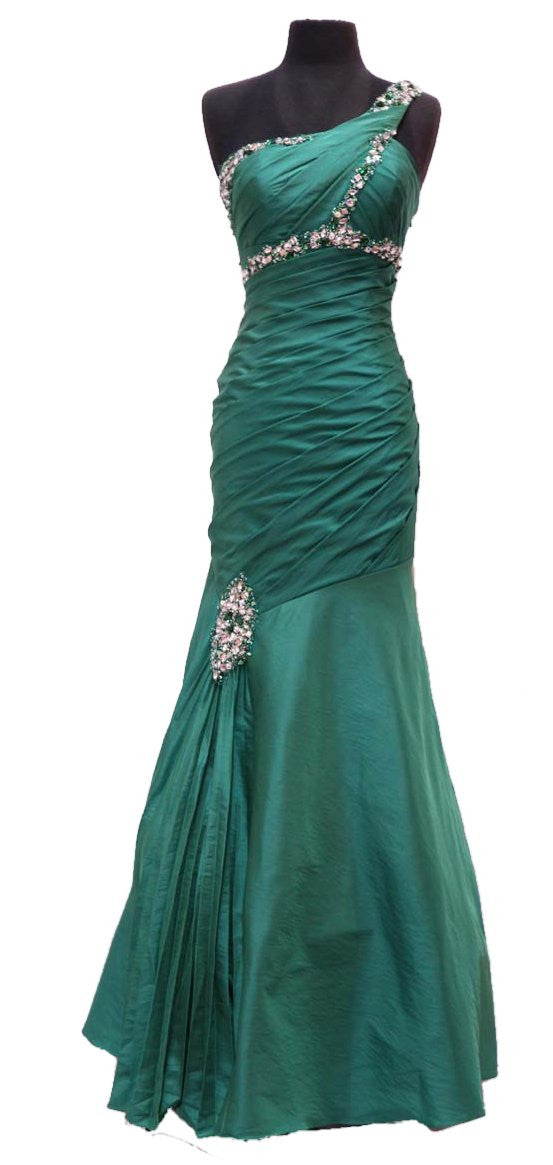 Green one-shoulder long satin dress with crystal-like bead appliques and flared ruched skirt